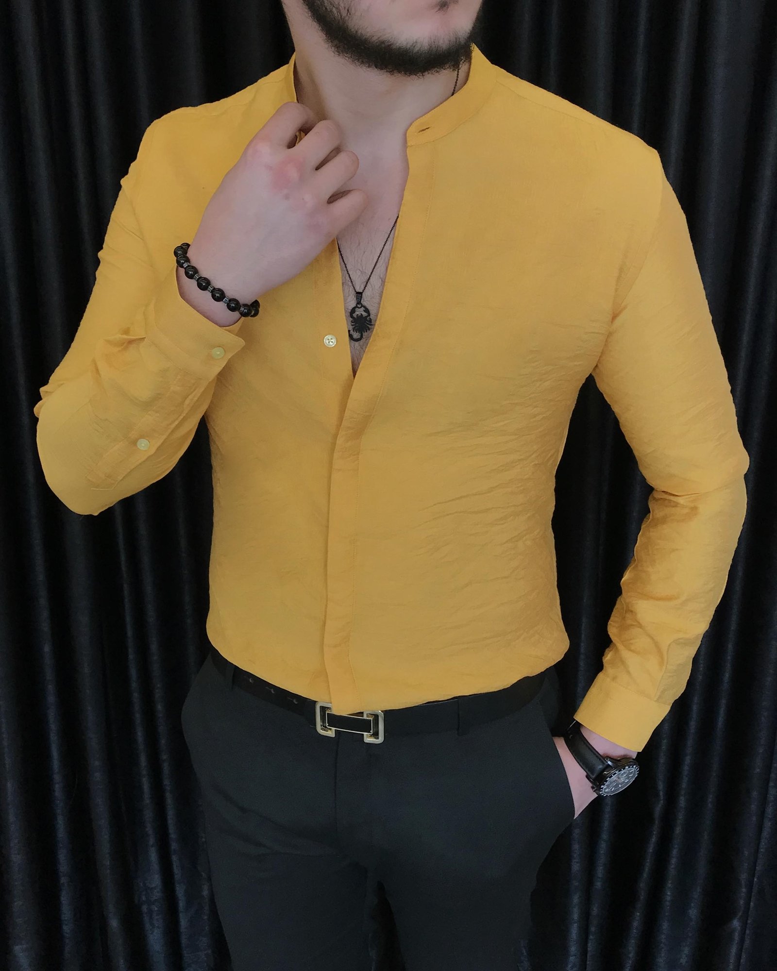 İtalyan stil slim fit erkek hakim yaka gömlek Sarı T7095