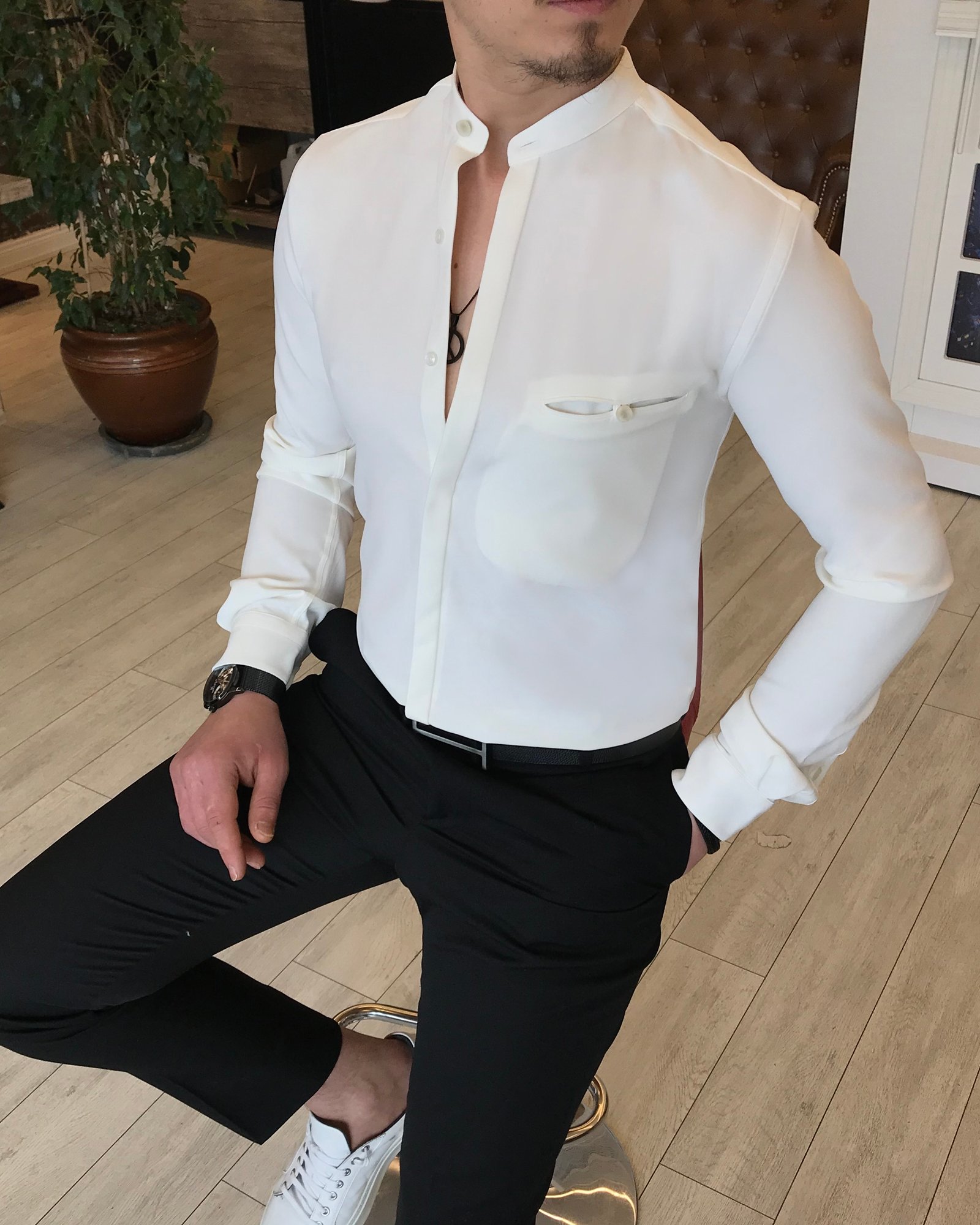 İtalyan stil slim fit erkek hakim yaka gömlek Kırık Beyaz T4850
