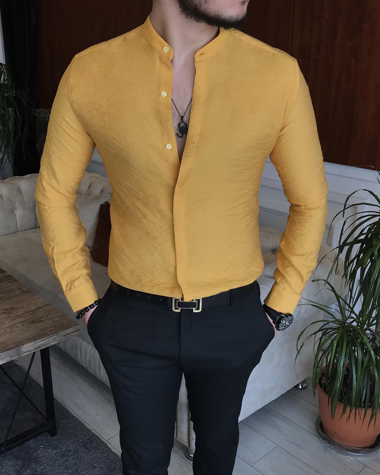 İtalyan stil slim fit erkek hakim yaka gömlek Sarı T7095