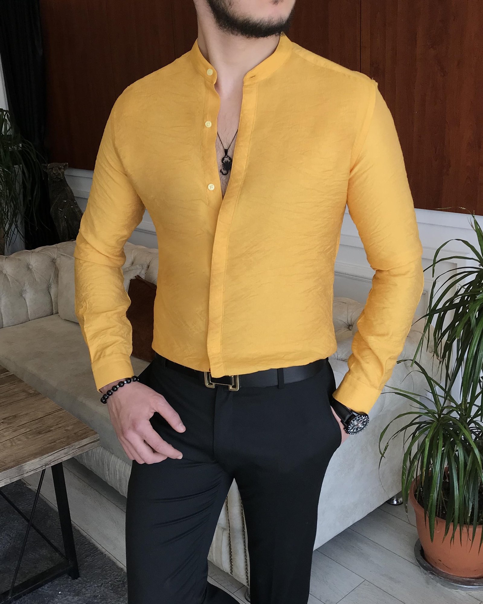 İtalyan stil slim fit erkek hakim yaka gömlek Sarı T7095