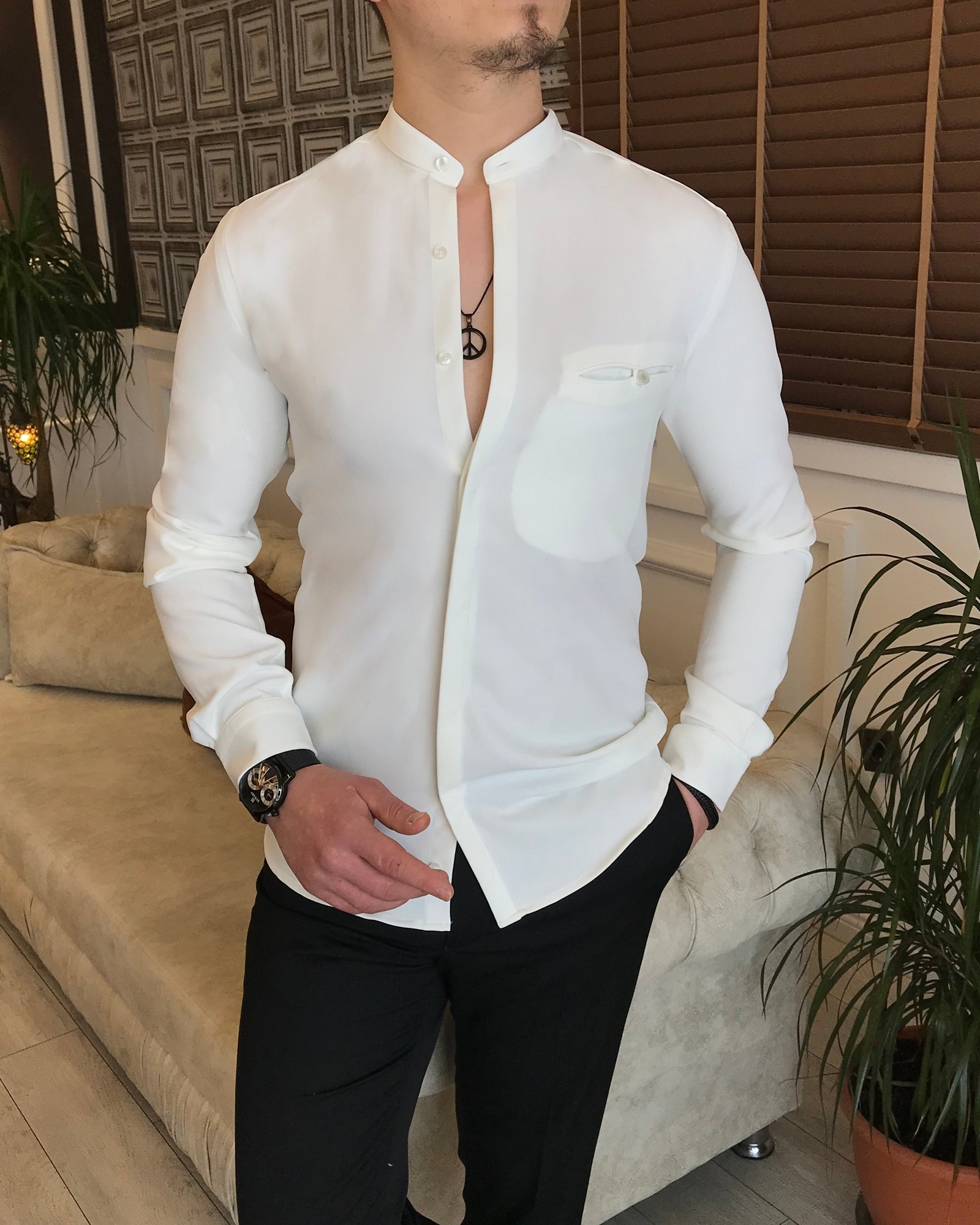 İtalyan stil slim fit erkek hakim yaka gömlek Kırık Beyaz T4850