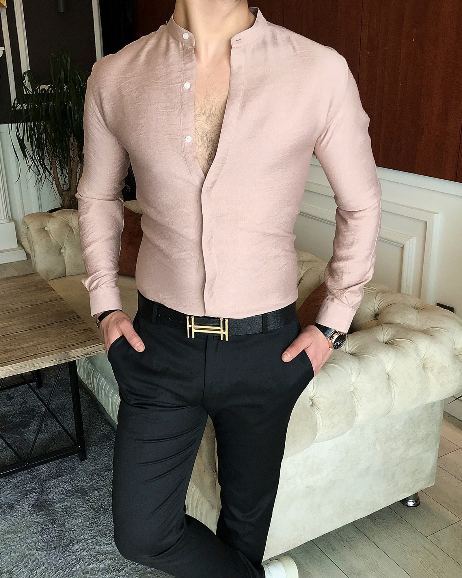İtalyan stil slim fit erkek hakim yaka gömlek Vizon T7096