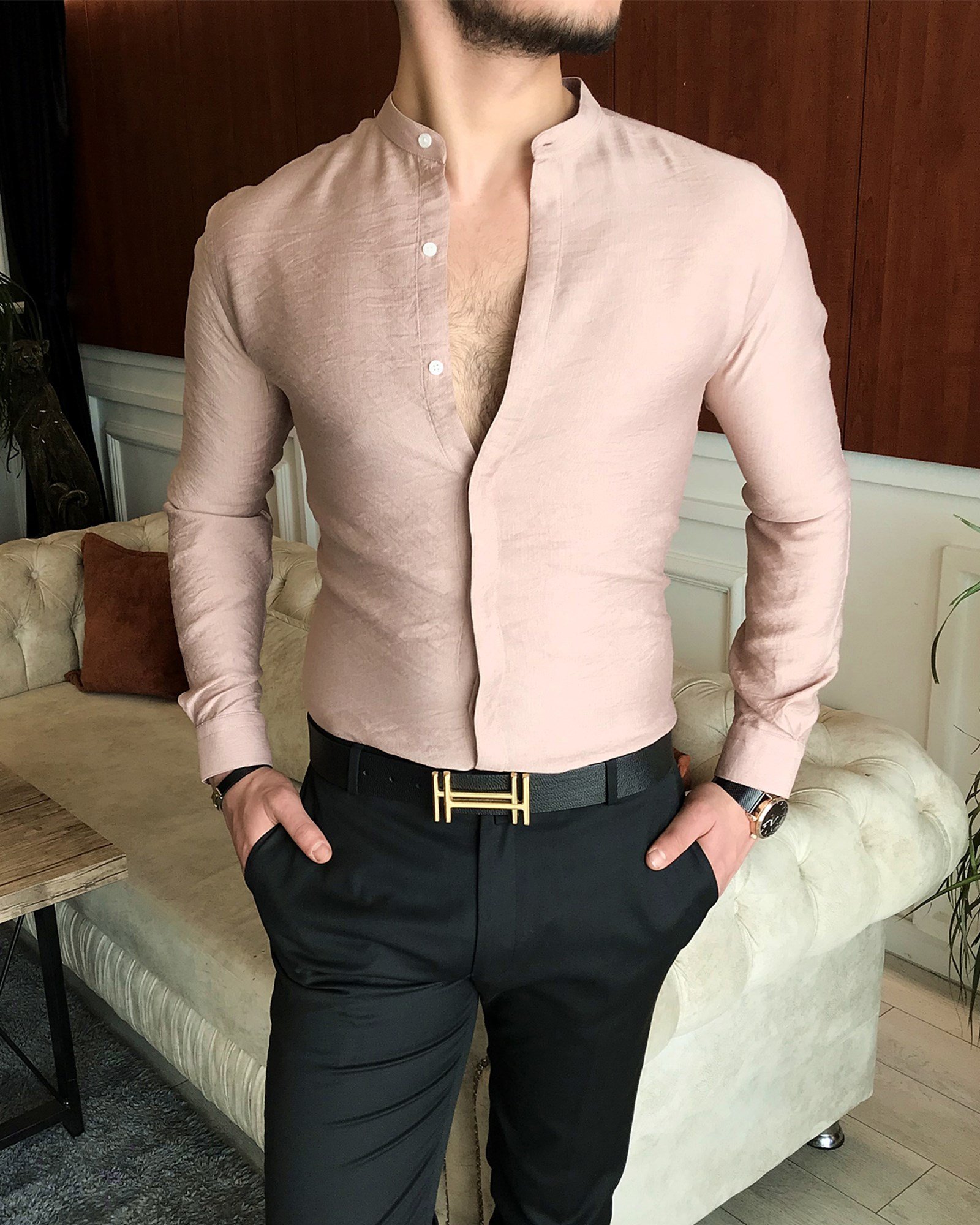 İtalyan stil slim fit erkek hakim yaka gömlek Vizon T7096