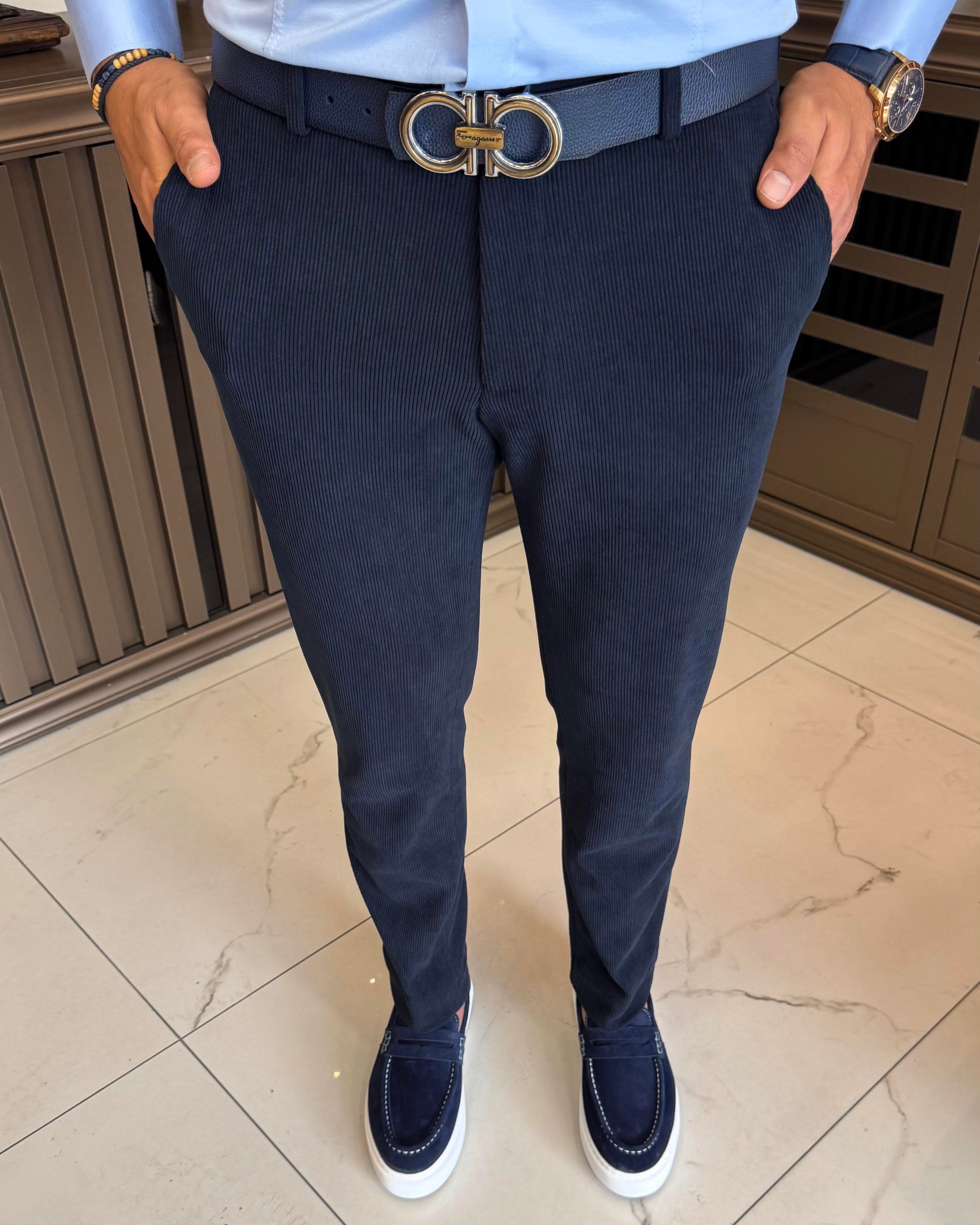 Italian style slim fit men's velvet trousers navy blue T13030