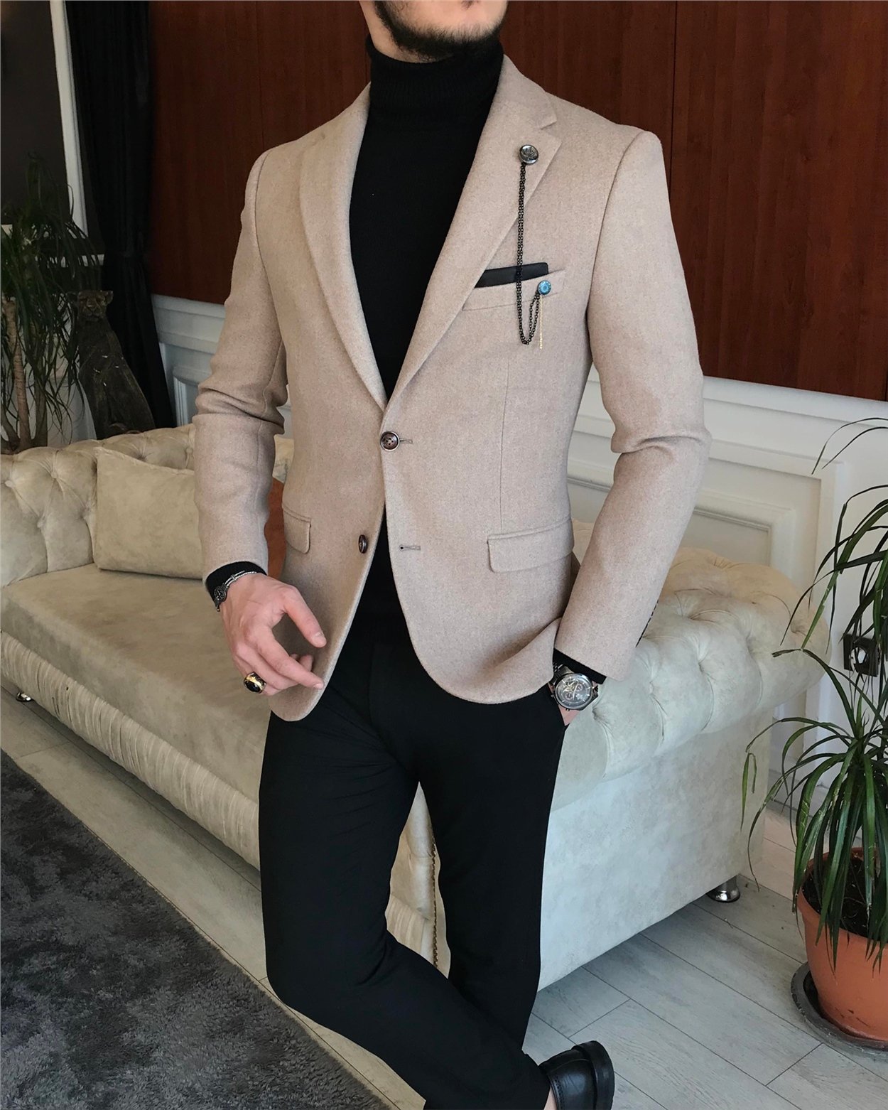 İtalyan stil slim fit erkek kaşe mono yaka tek ceket Vizon T6856