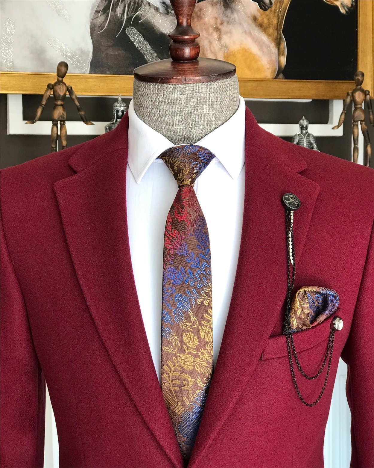 İtalyan stil slim fit erkek kaşe mono yaka tek ceket Bordo T6855
