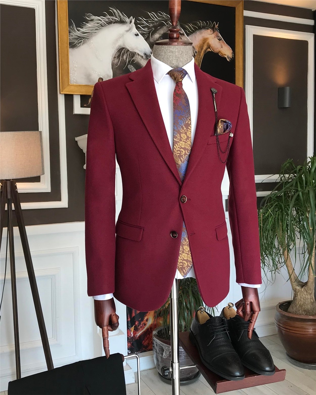 İtalyan stil slim fit erkek kaşe mono yaka tek ceket Bordo T6855