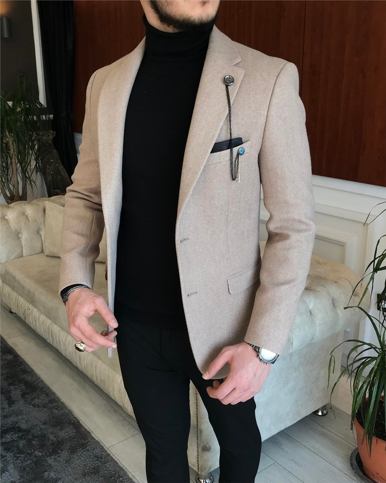 İtalyan stil slim fit erkek kaşe mono yaka tek ceket Vizon T6856