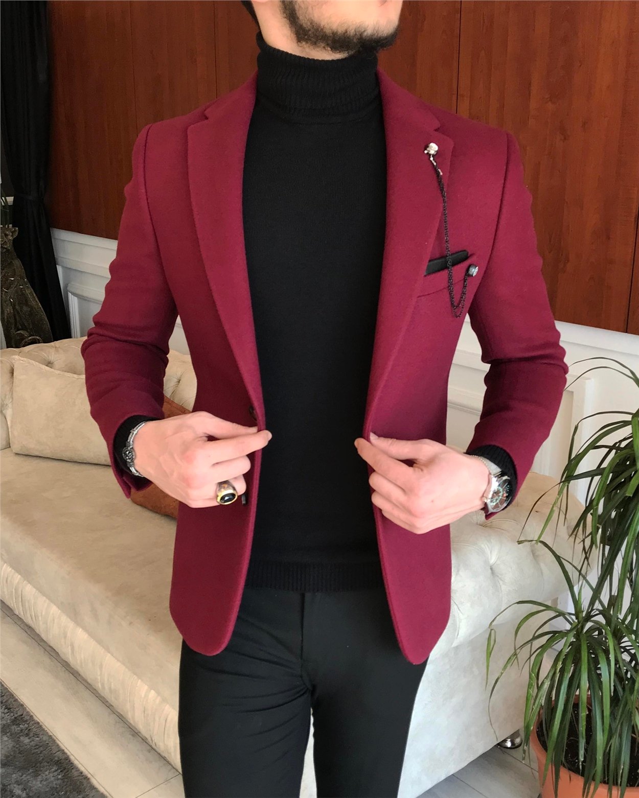 İtalyan stil slim fit erkek kaşe mono yaka tek ceket Bordo T6855