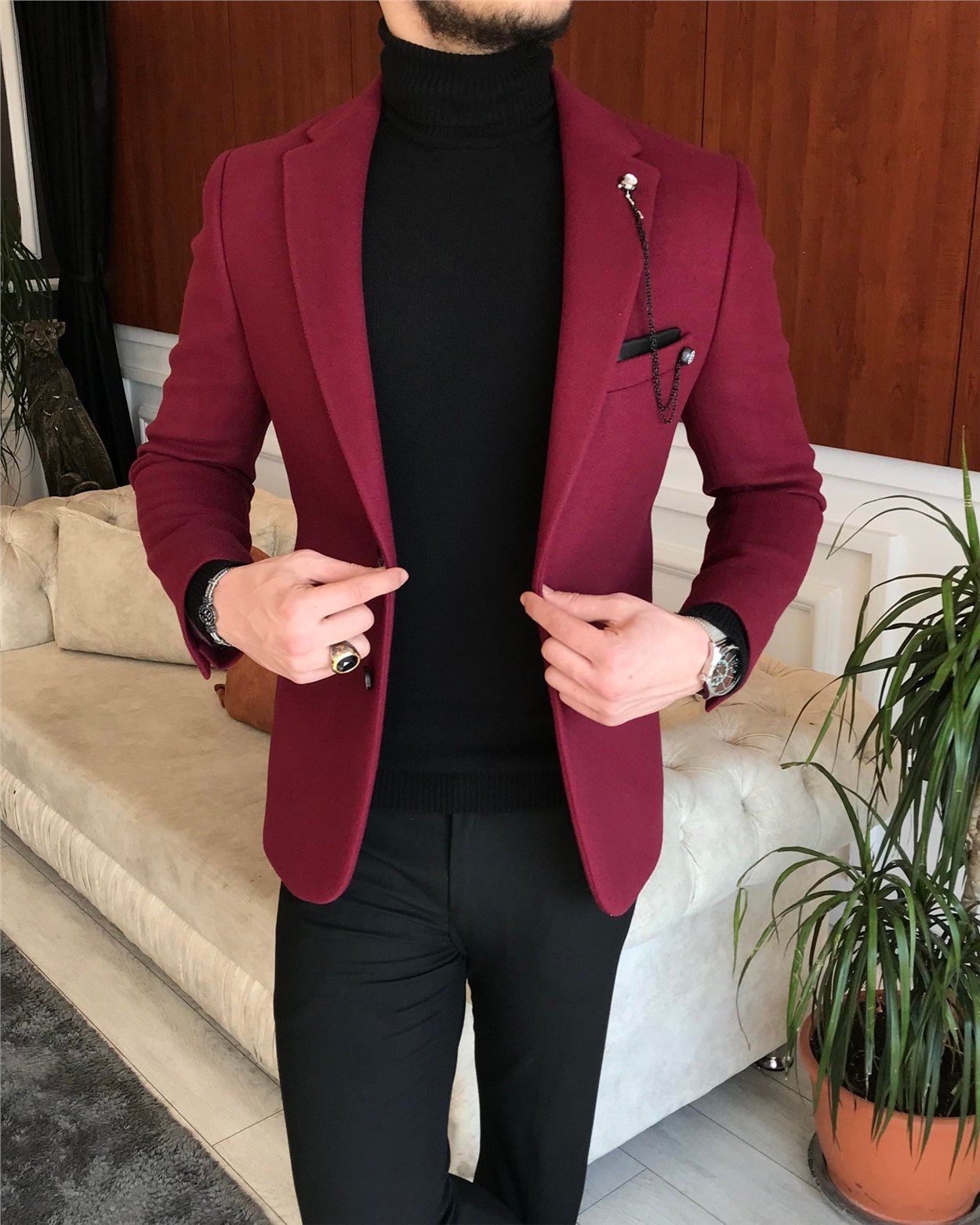 İtalyan stil slim fit erkek kaşe mono yaka tek ceket Bordo T6855