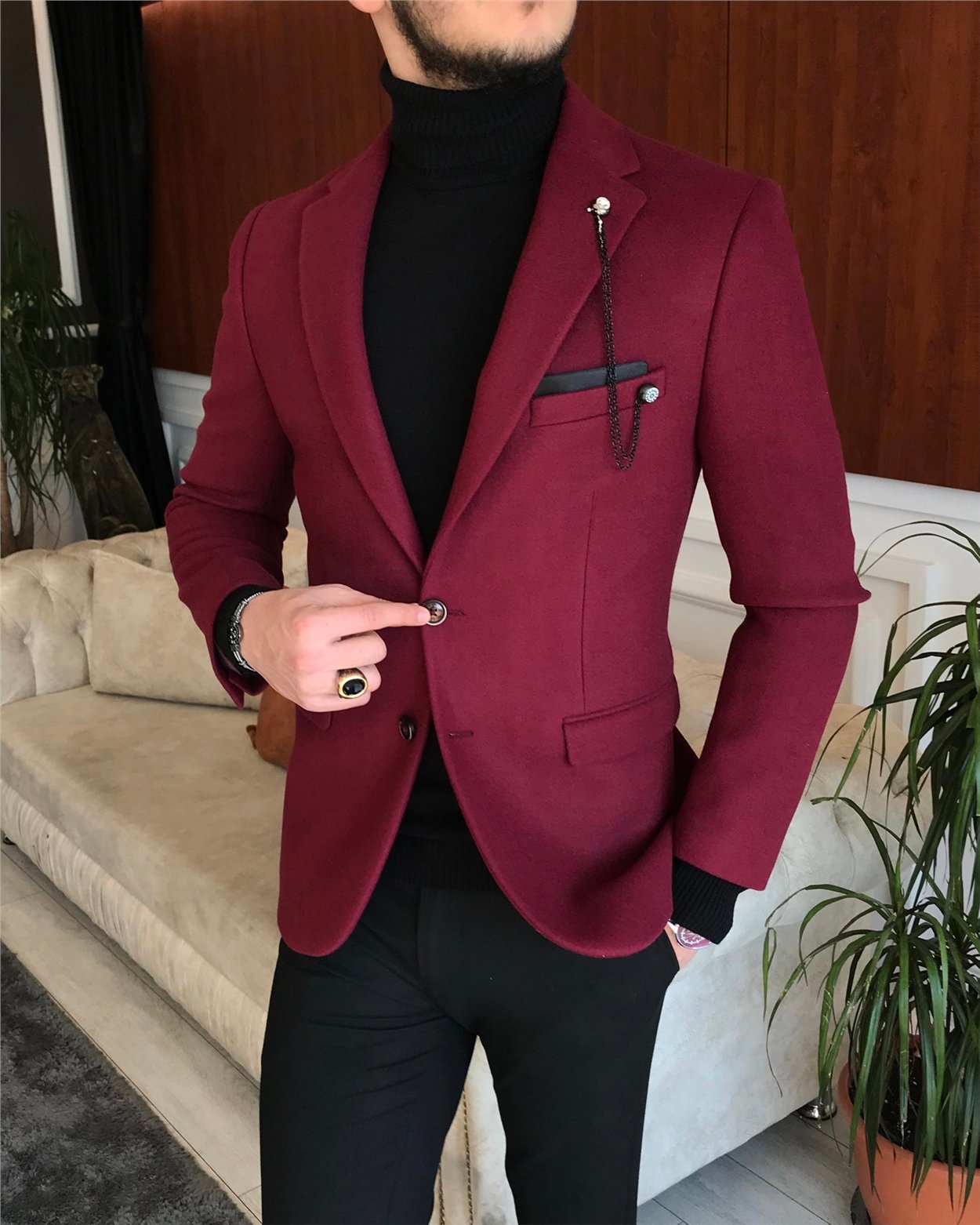 İtalyan stil slim fit erkek kaşe mono yaka tek ceket Bordo T6855