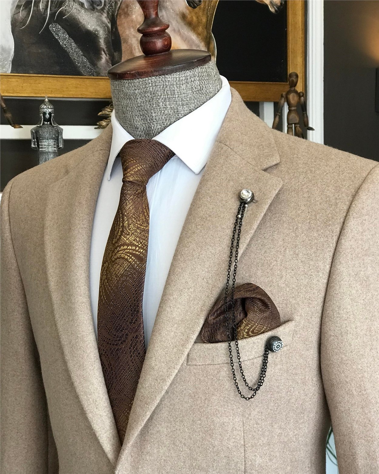 İtalyan stil slim fit erkek kaşe mono yaka tek ceket Vizon T6856