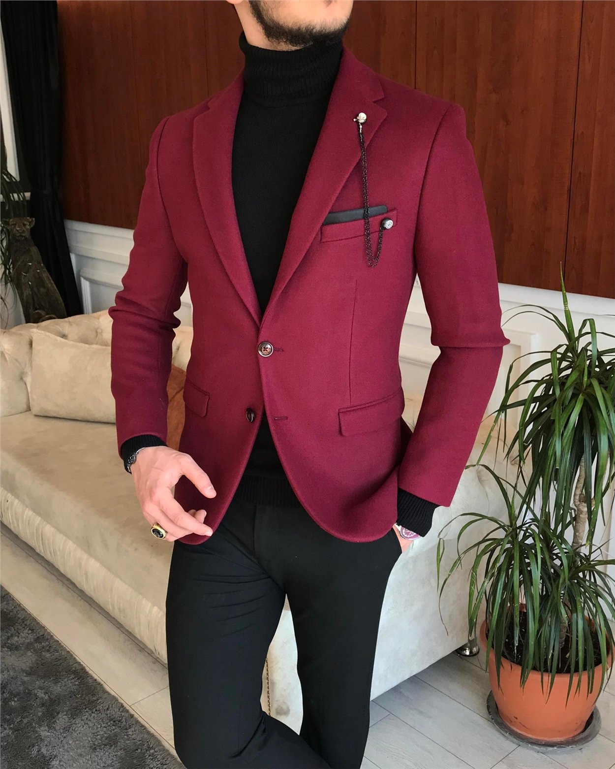 İtalyan stil slim fit erkek kaşe mono yaka tek ceket Bordo T6855