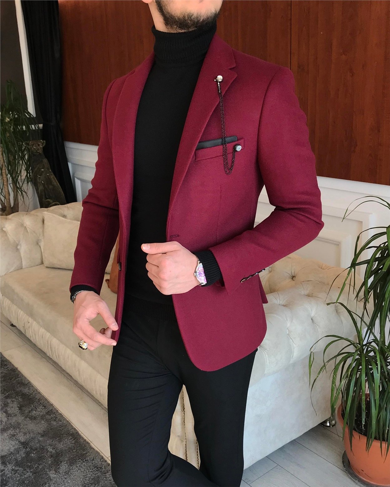 İtalyan stil slim fit erkek kaşe mono yaka tek ceket Bordo T6855