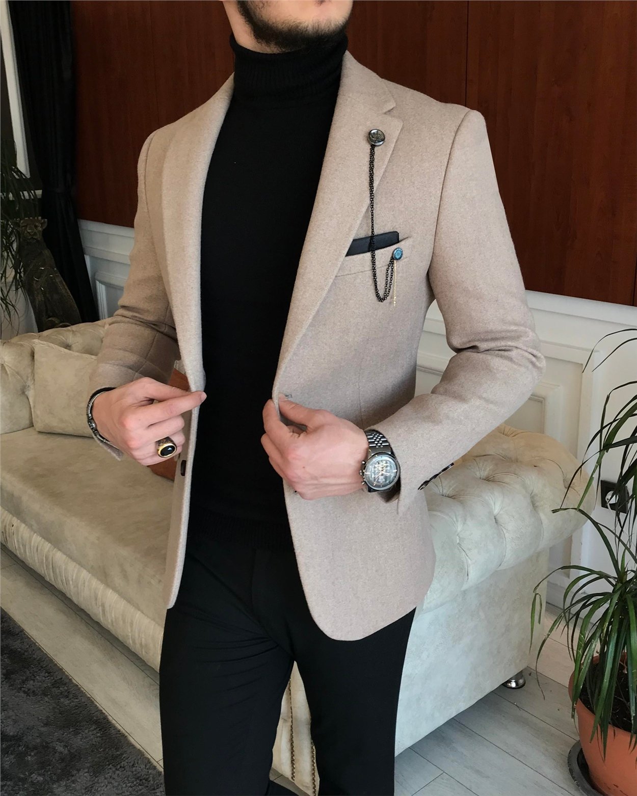 İtalyan stil slim fit erkek kaşe mono yaka tek ceket Vizon T6856