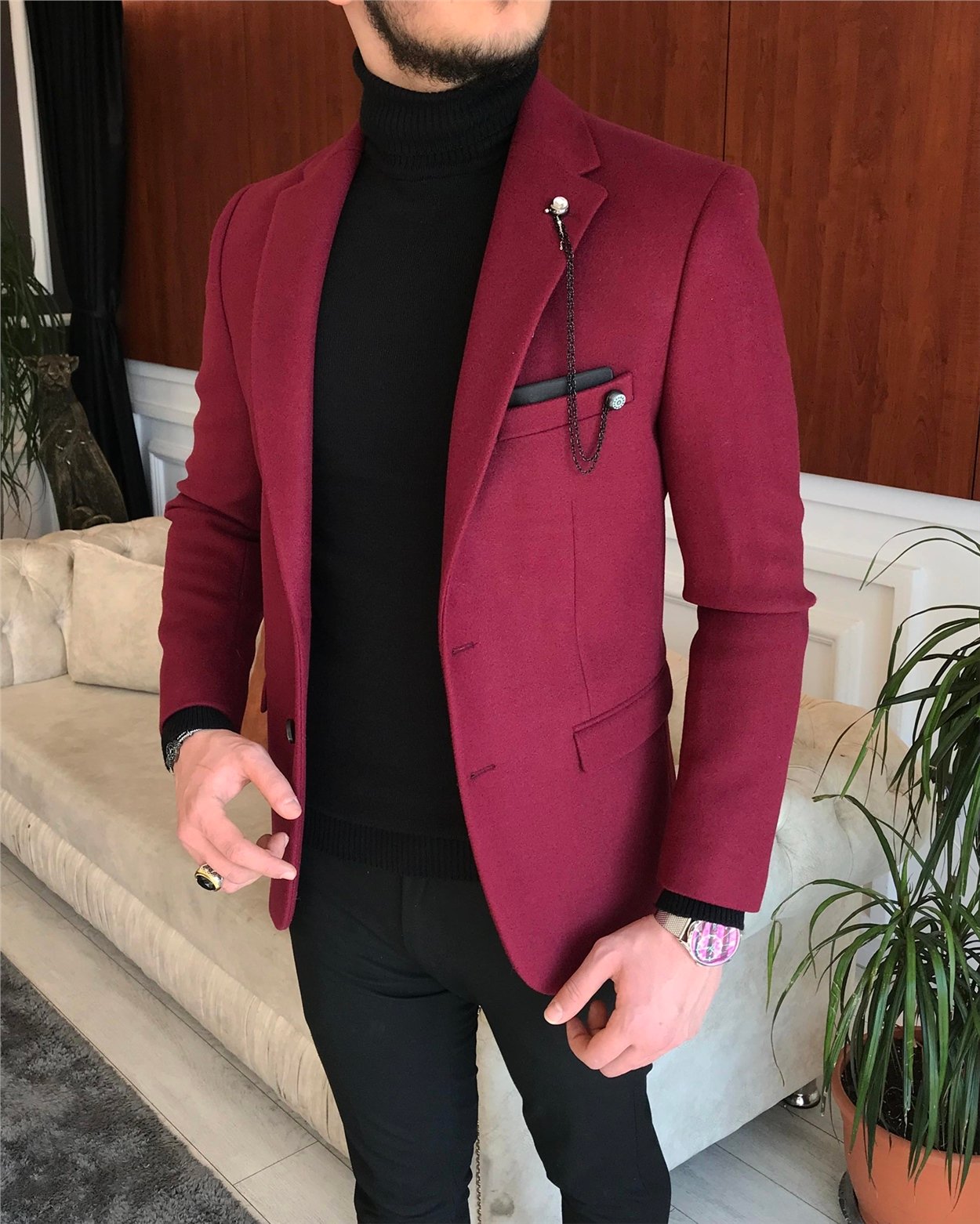 İtalyan stil slim fit erkek kaşe mono yaka tek ceket Bordo T6855