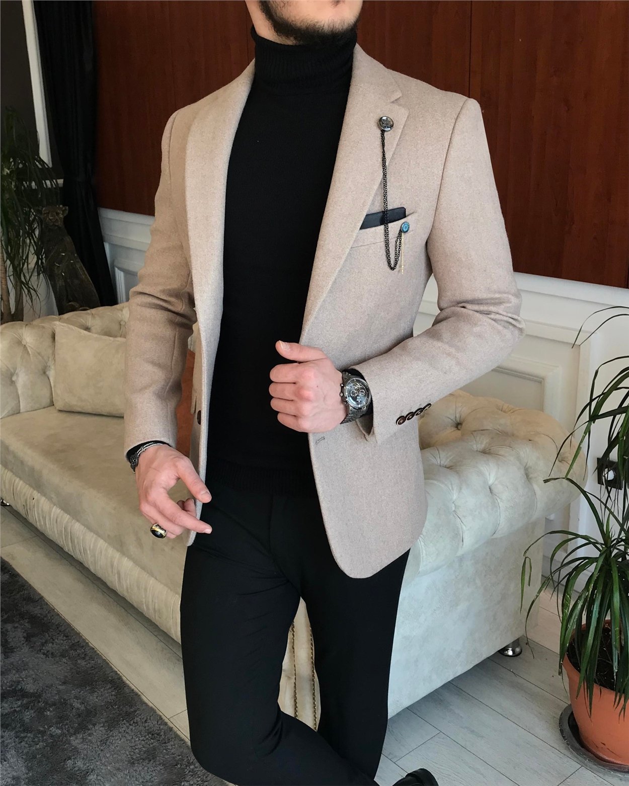 İtalyan stil slim fit erkek kaşe mono yaka tek ceket Vizon T6856