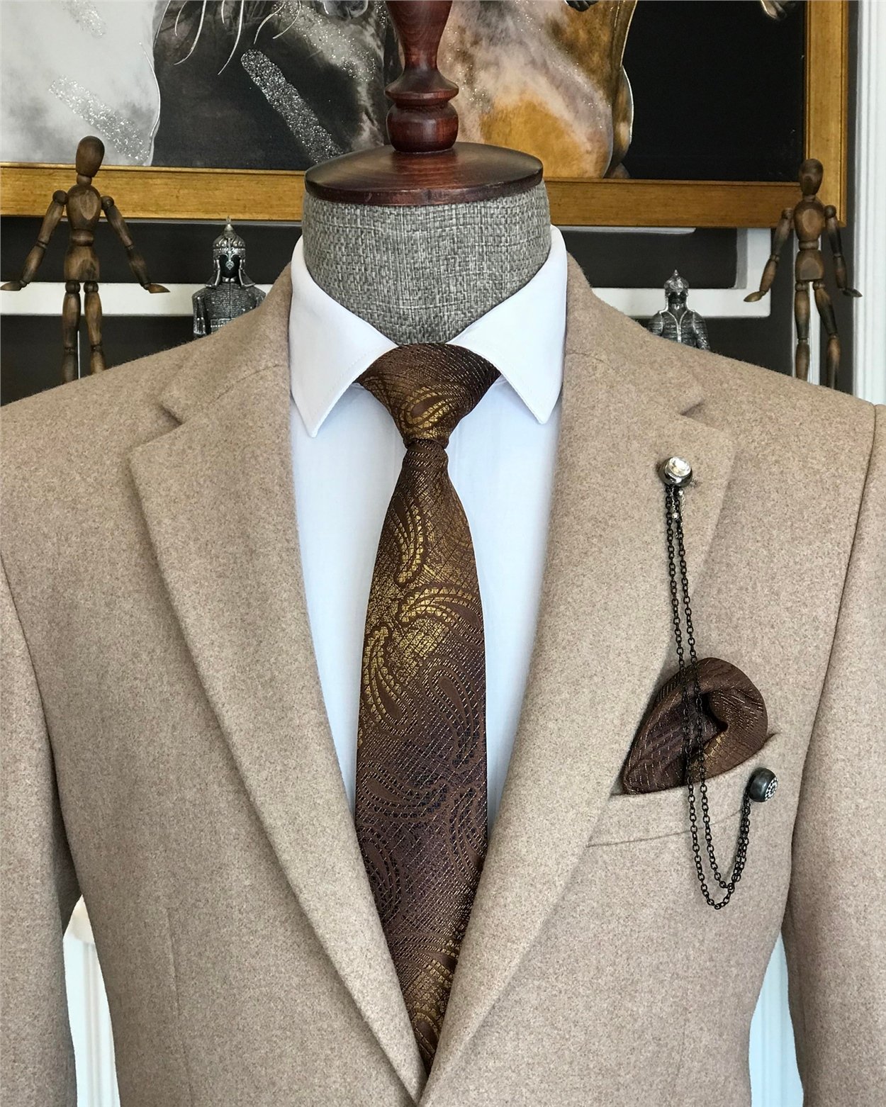 İtalyan stil slim fit erkek kaşe mono yaka tek ceket Vizon T6856