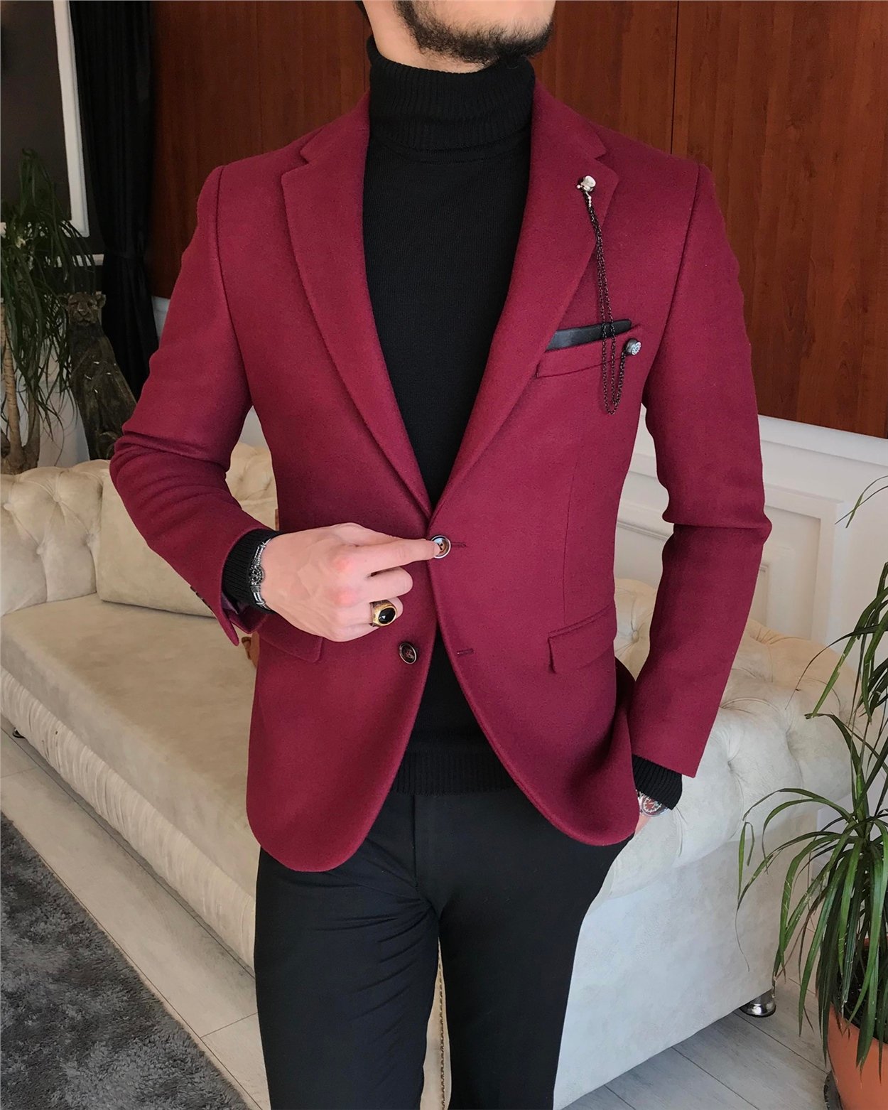 İtalyan stil slim fit erkek kaşe mono yaka tek ceket Bordo T6855