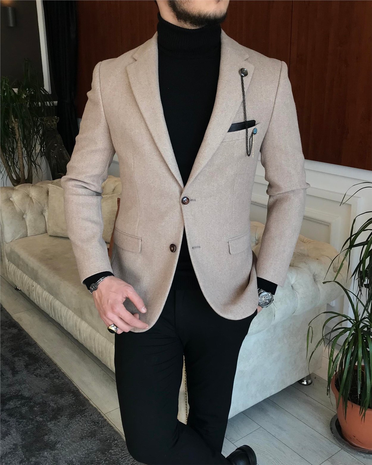İtalyan stil slim fit erkek kaşe mono yaka tek ceket Vizon T6856