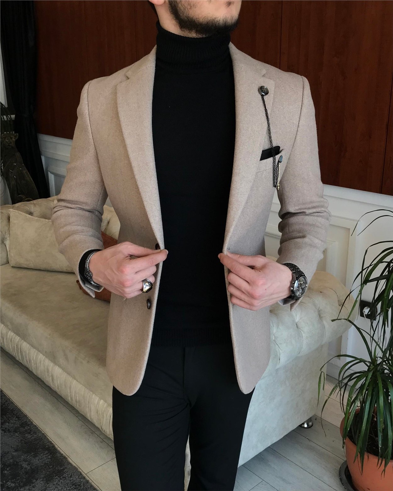 İtalyan stil slim fit erkek kaşe mono yaka tek ceket Vizon T6856