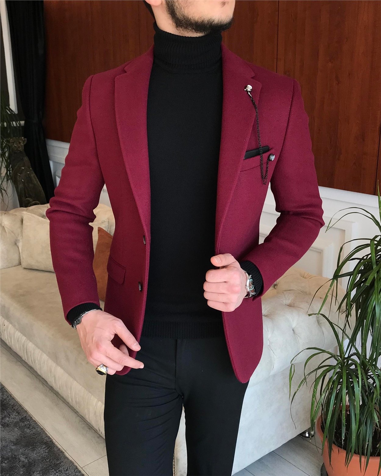 İtalyan stil slim fit erkek kaşe mono yaka tek ceket Bordo T6855