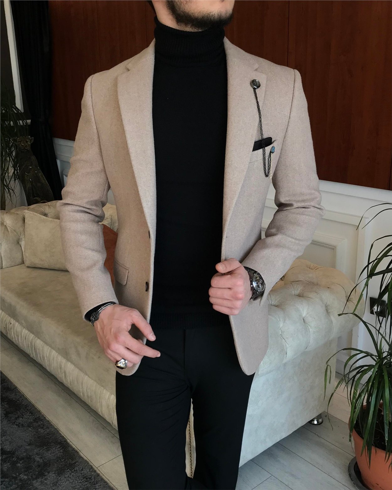 İtalyan stil slim fit erkek kaşe mono yaka tek ceket Vizon T6856