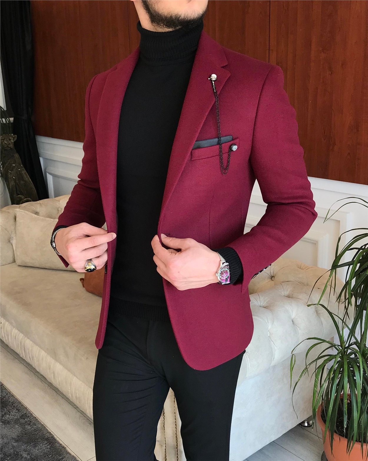 İtalyan stil slim fit erkek kaşe mono yaka tek ceket Bordo T6855