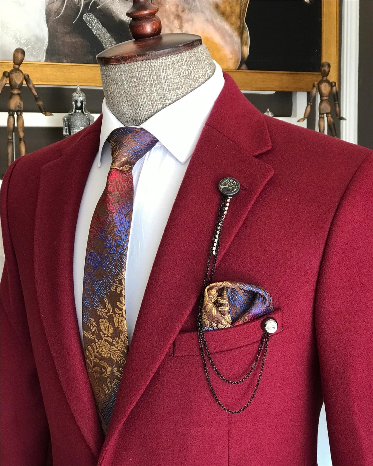 İtalyan stil slim fit erkek kaşe mono yaka tek ceket Bordo T6855