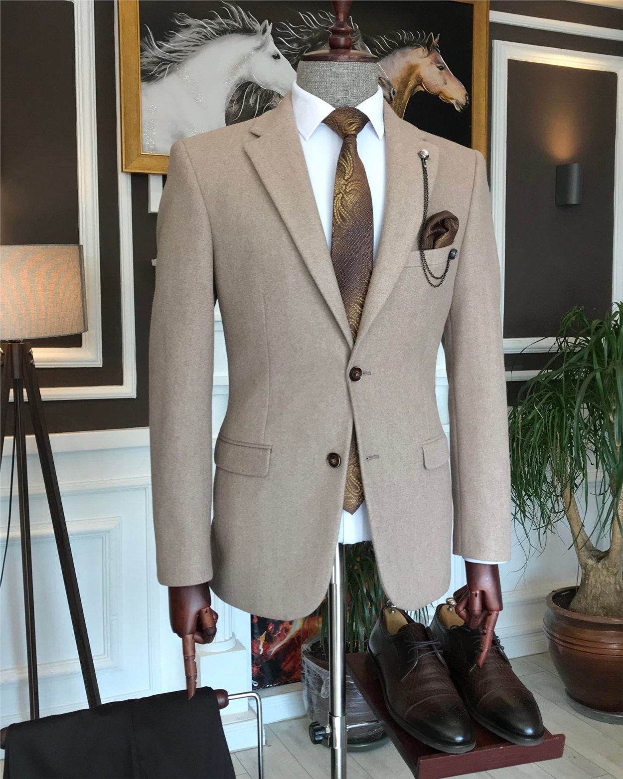 İtalyan stil slim fit erkek kaşe mono yaka tek ceket Vizon T6856