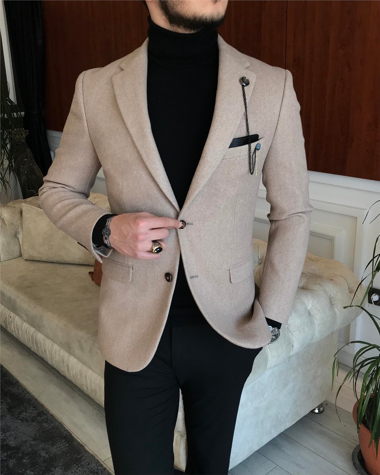 İtalyan stil slim fit erkek kaşe mono yaka tek ceket Vizon T6856