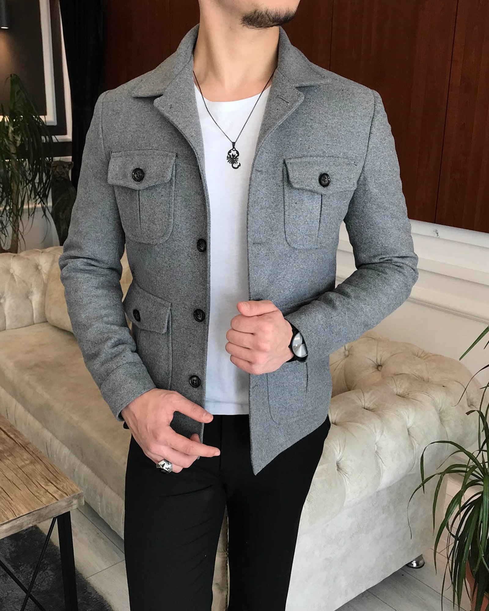 İtalyan stil slim fit erkek kaşe mont ceket Gri T6589