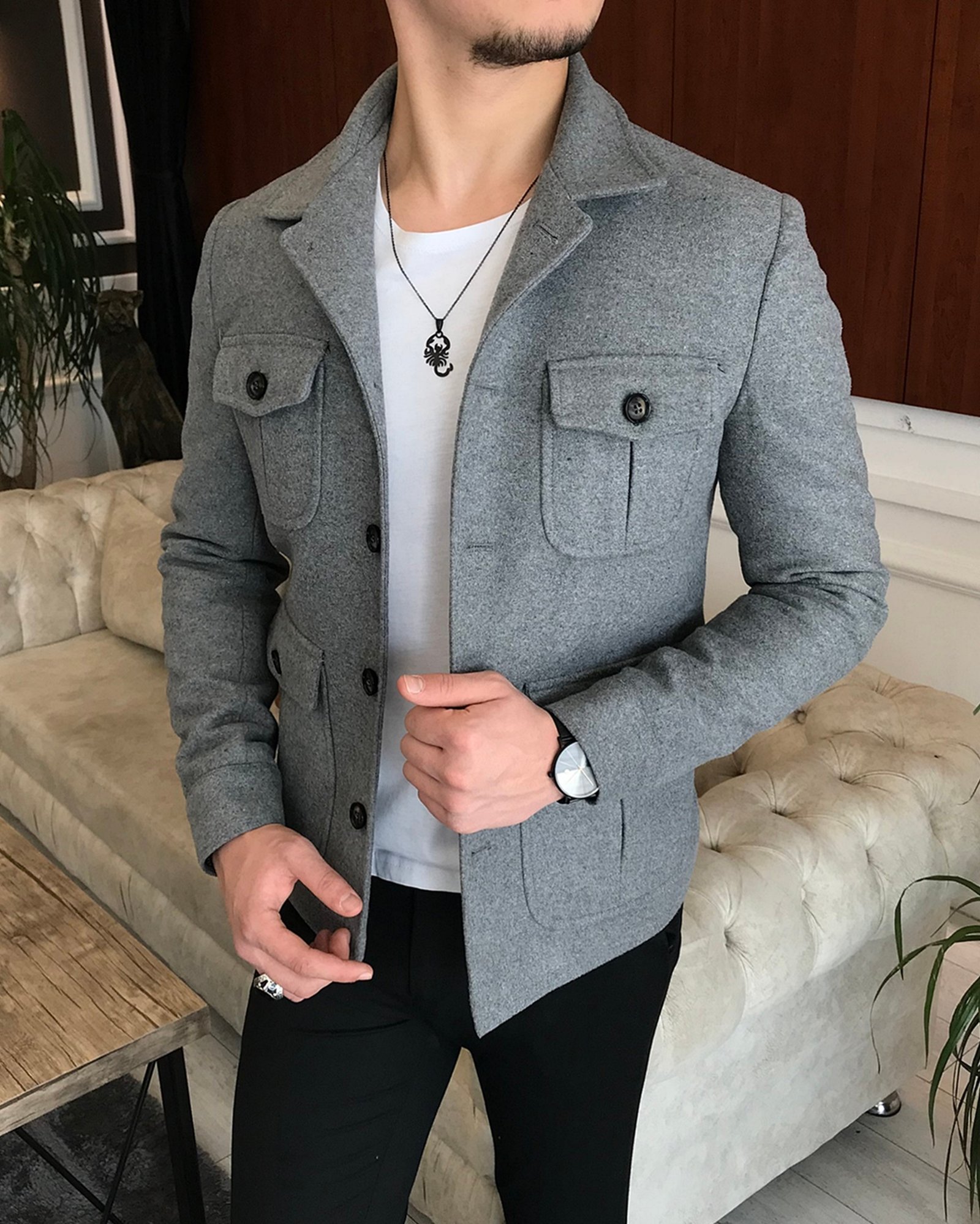 İtalyan stil slim fit erkek kaşe mont ceket Gri T6589