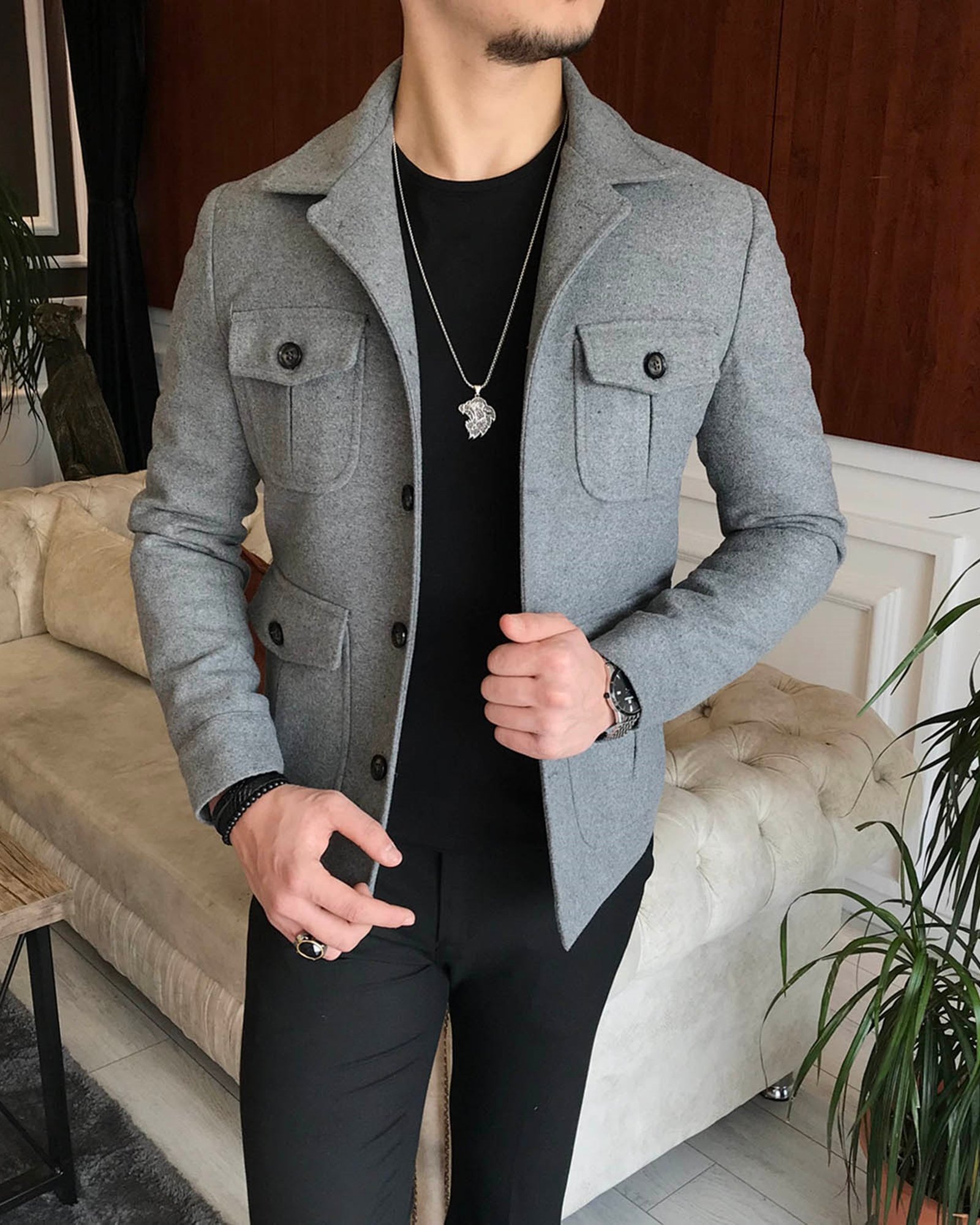 İtalyan stil slim fit erkek kaşe mont ceket Gri T6589