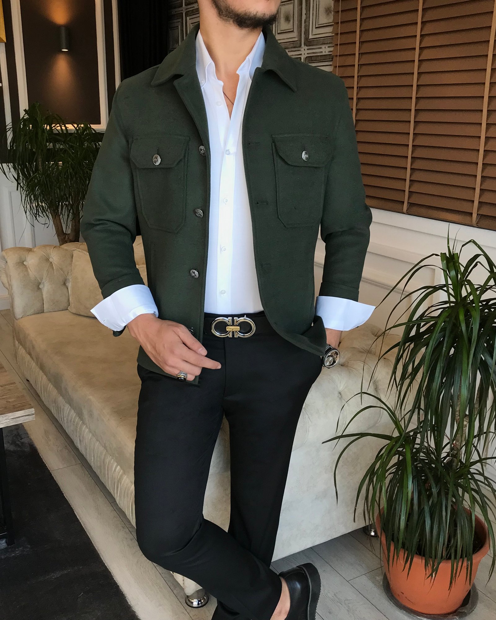 İtalyan stil slim fit erkek kaşe mont ceket yeşil T6273
