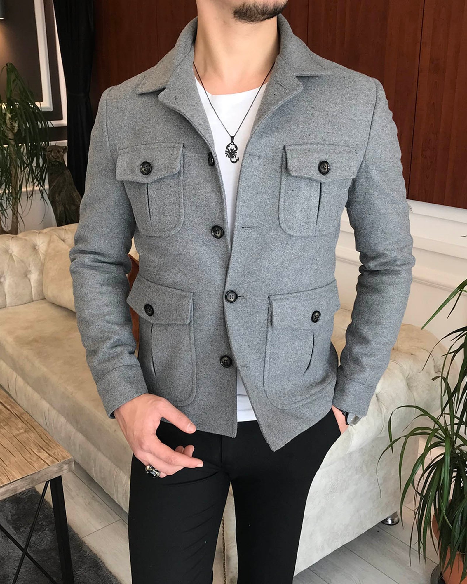 İtalyan stil slim fit erkek kaşe mont ceket Gri T6589