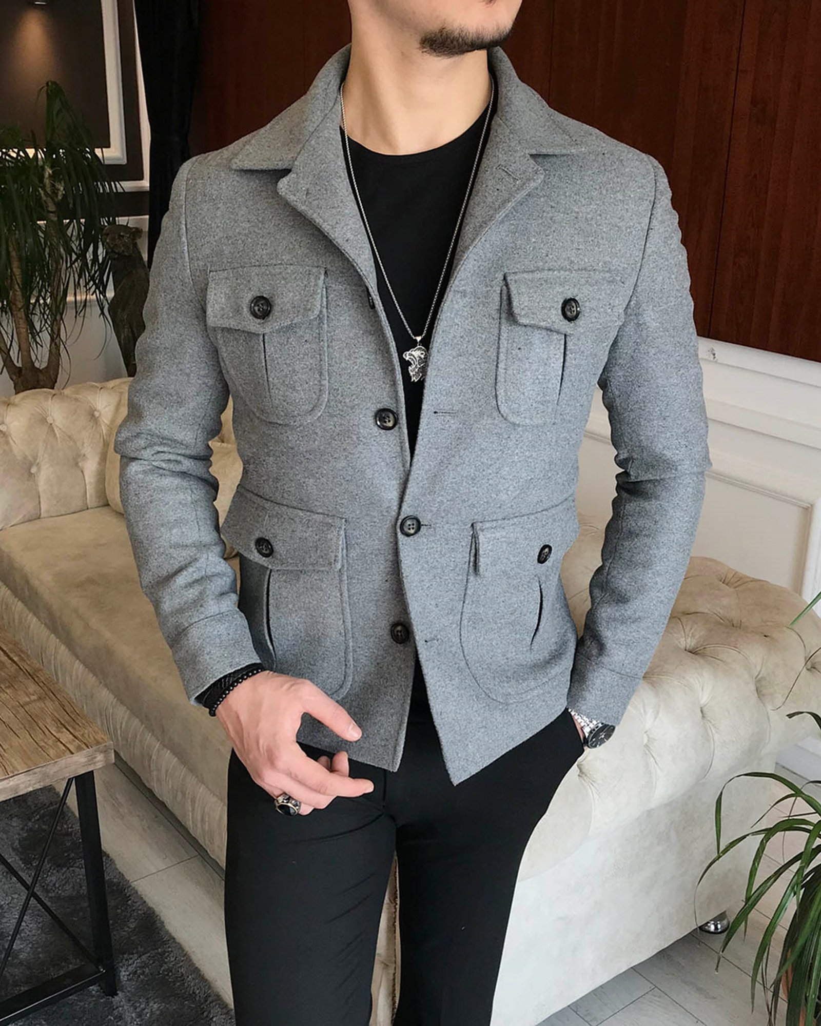 İtalyan stil slim fit erkek kaşe mont ceket Gri T6589