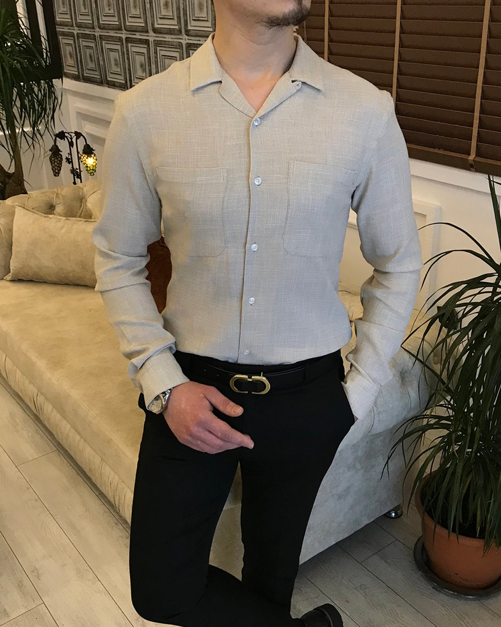 italyan stil slim fit erkek kırlangıç yaka keten gömlek Bej T5782