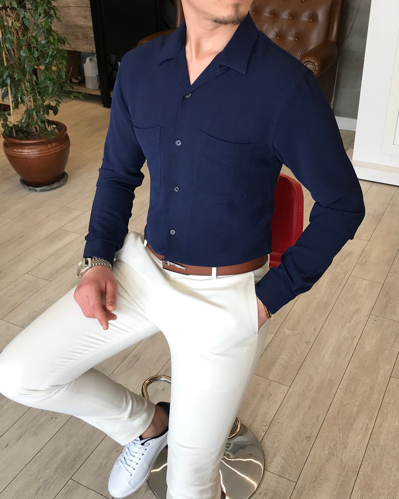 italyan stil slim fit erkek kırlangıç yaka gömlek Lacivert T5776