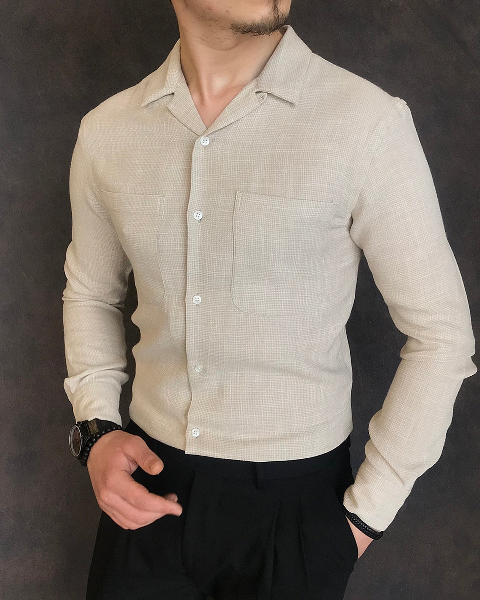 italyan stil slim fit erkek kırlangıç yaka keten gömlek Bej T5782