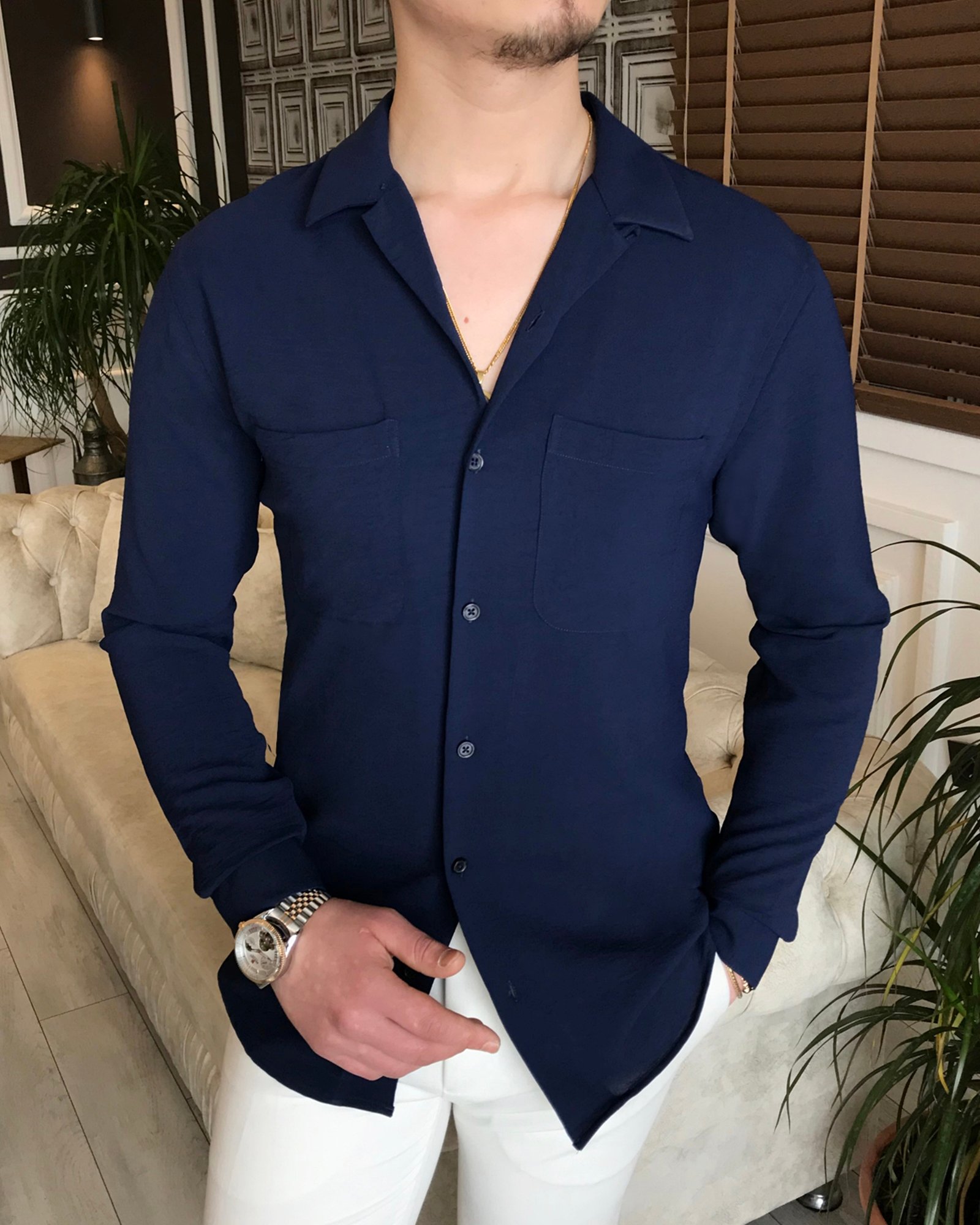 italyan stil slim fit erkek kırlangıç yaka gömlek Lacivert T5776