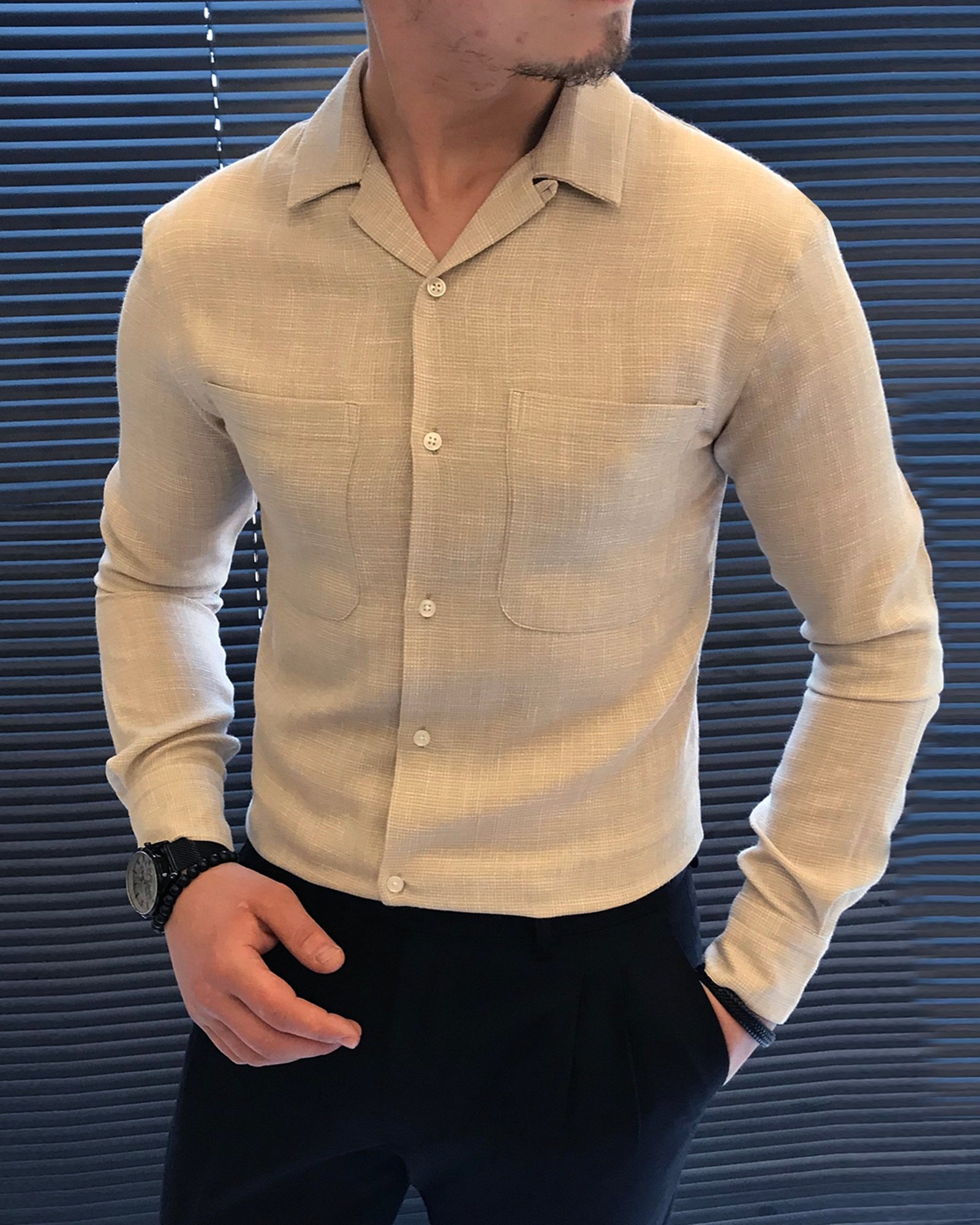 italyan stil slim fit erkek kırlangıç yaka keten gömlek Bej T5782