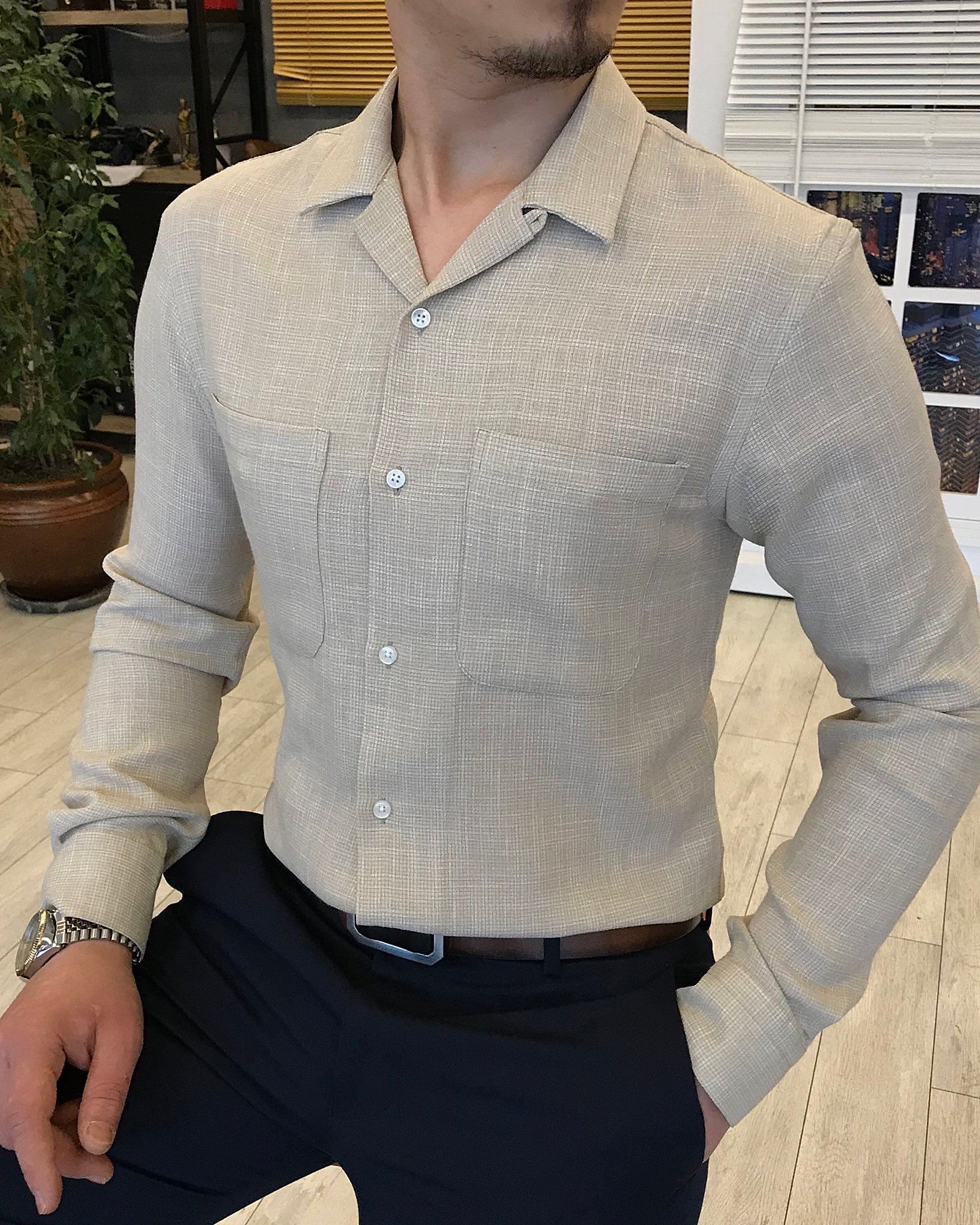 italyan stil slim fit erkek kırlangıç yaka keten gömlek Bej T5782