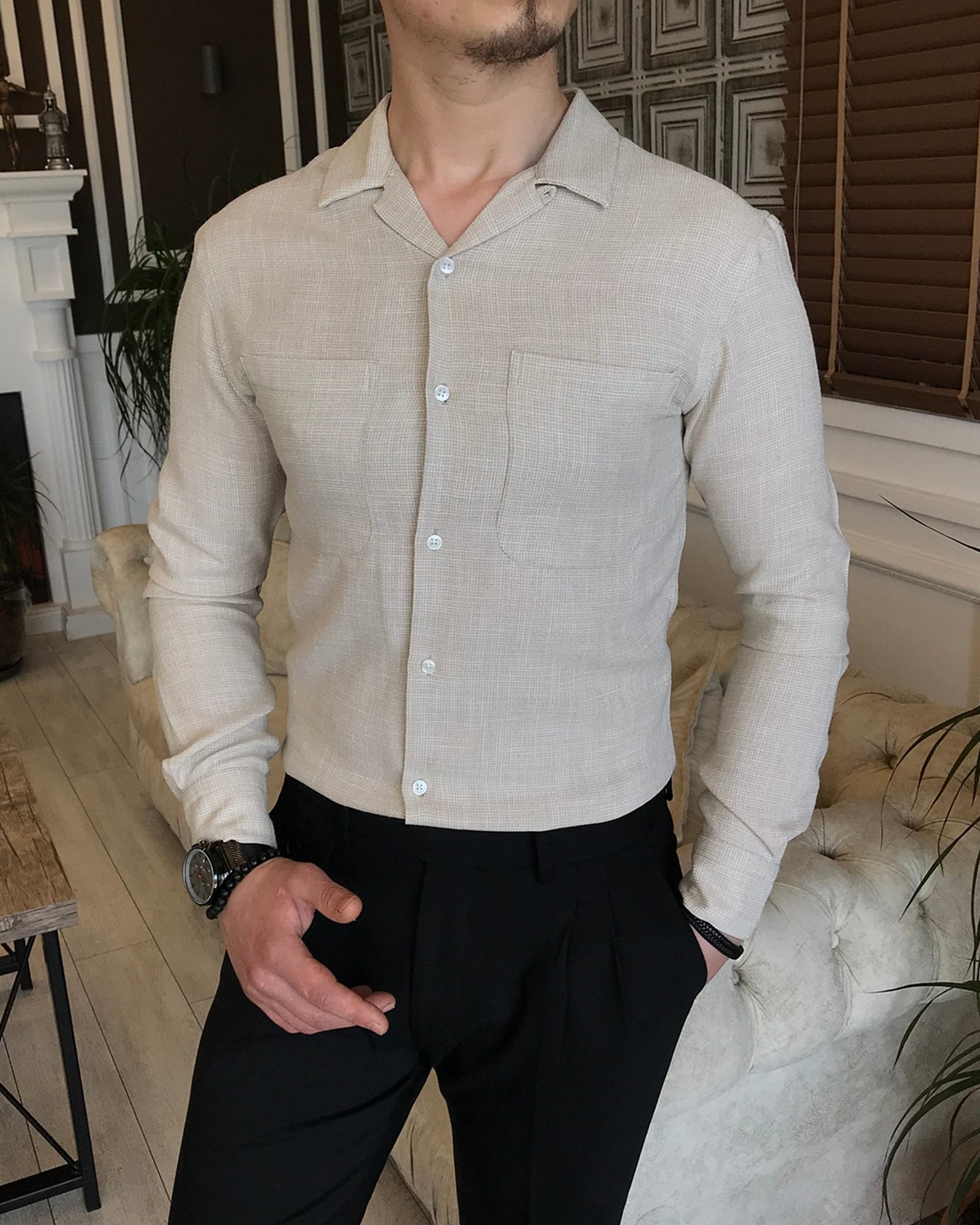 italyan stil slim fit erkek kırlangıç yaka keten gömlek Bej T5782