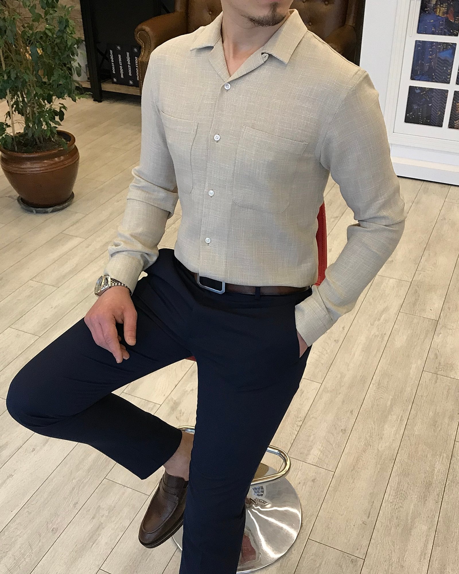 italyan stil slim fit erkek kırlangıç yaka keten gömlek Bej T5782