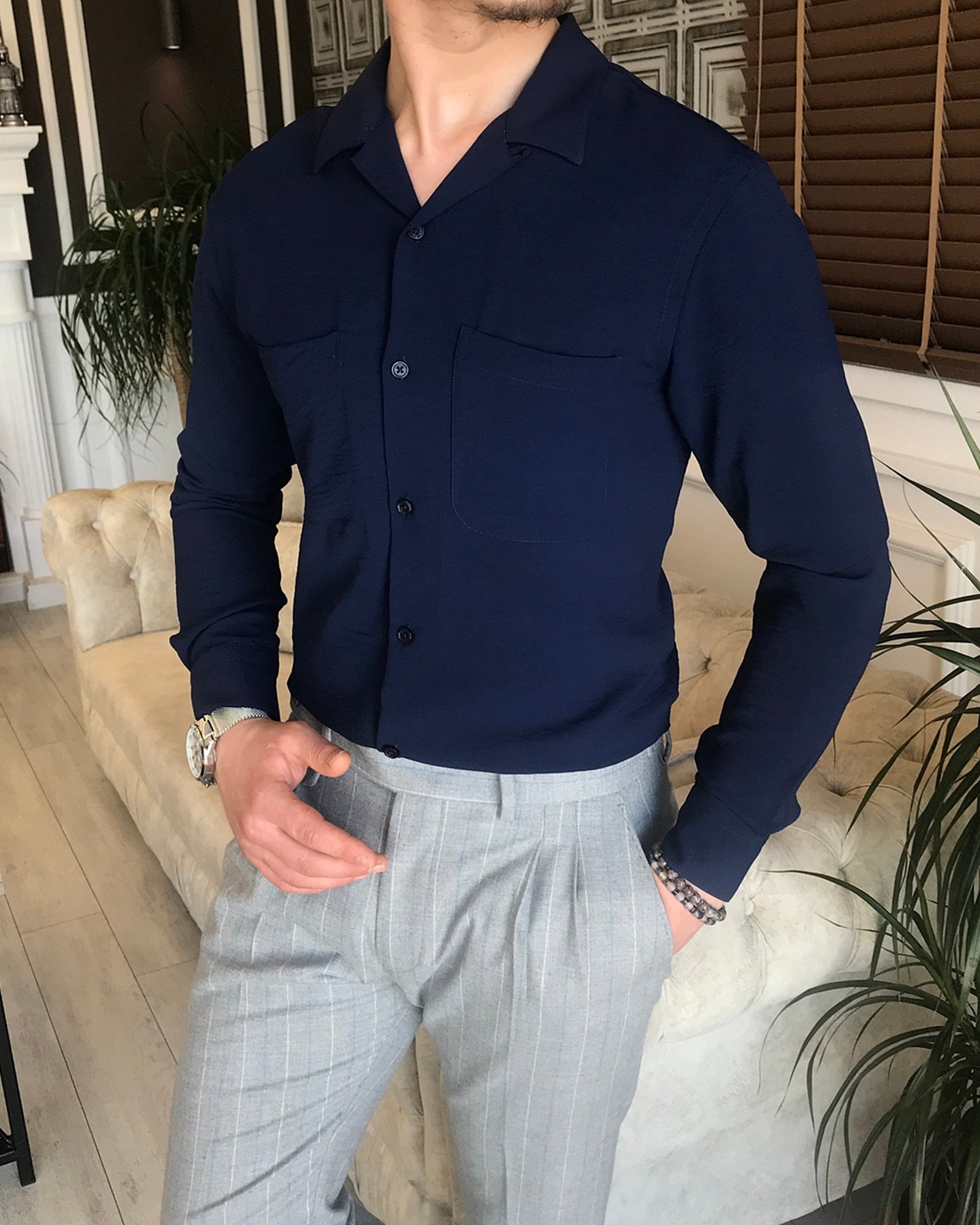 italyan stil slim fit erkek kırlangıç yaka gömlek Lacivert T5776