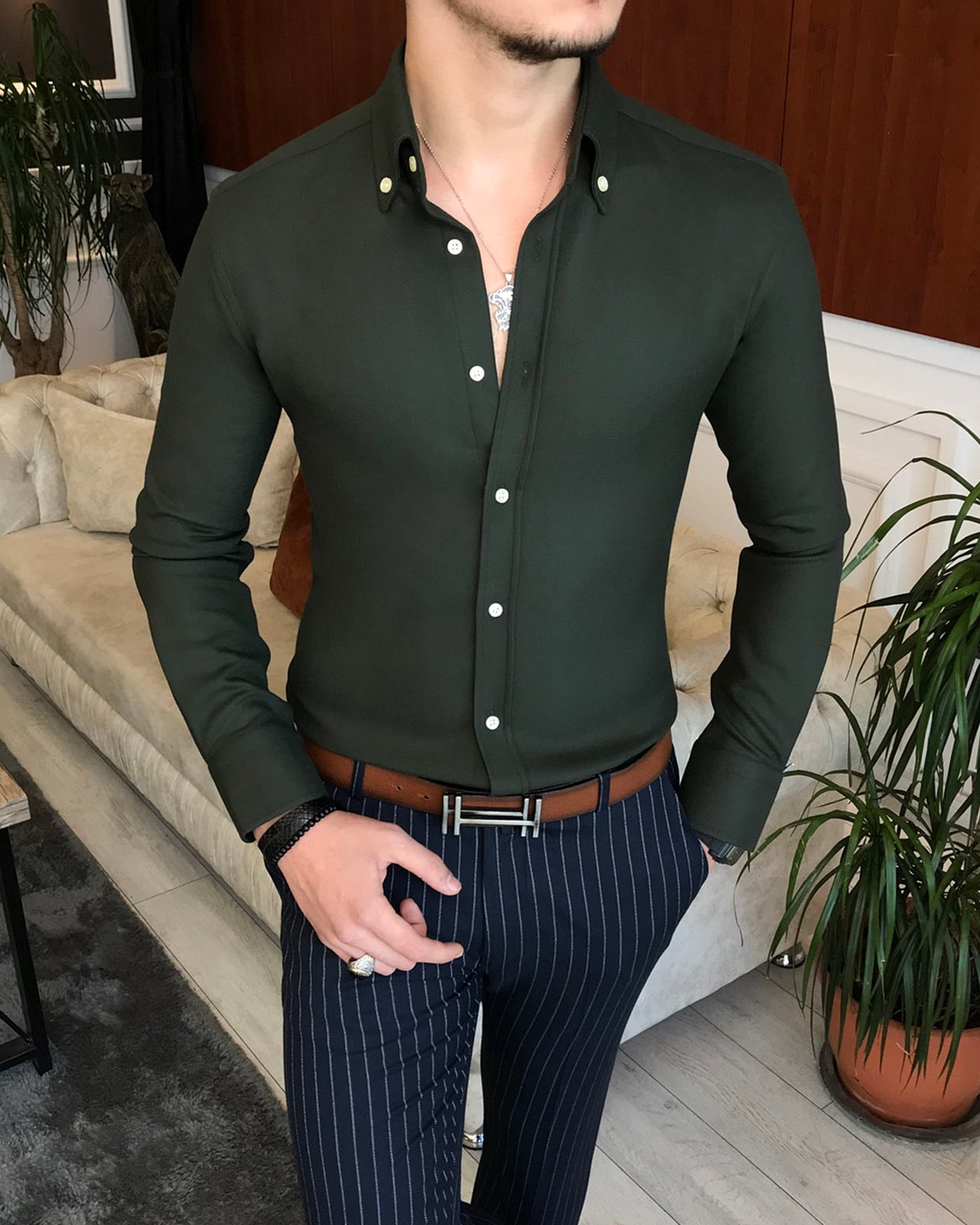italyan stil slim fit erkek kışlık gömlek yeşil T6715