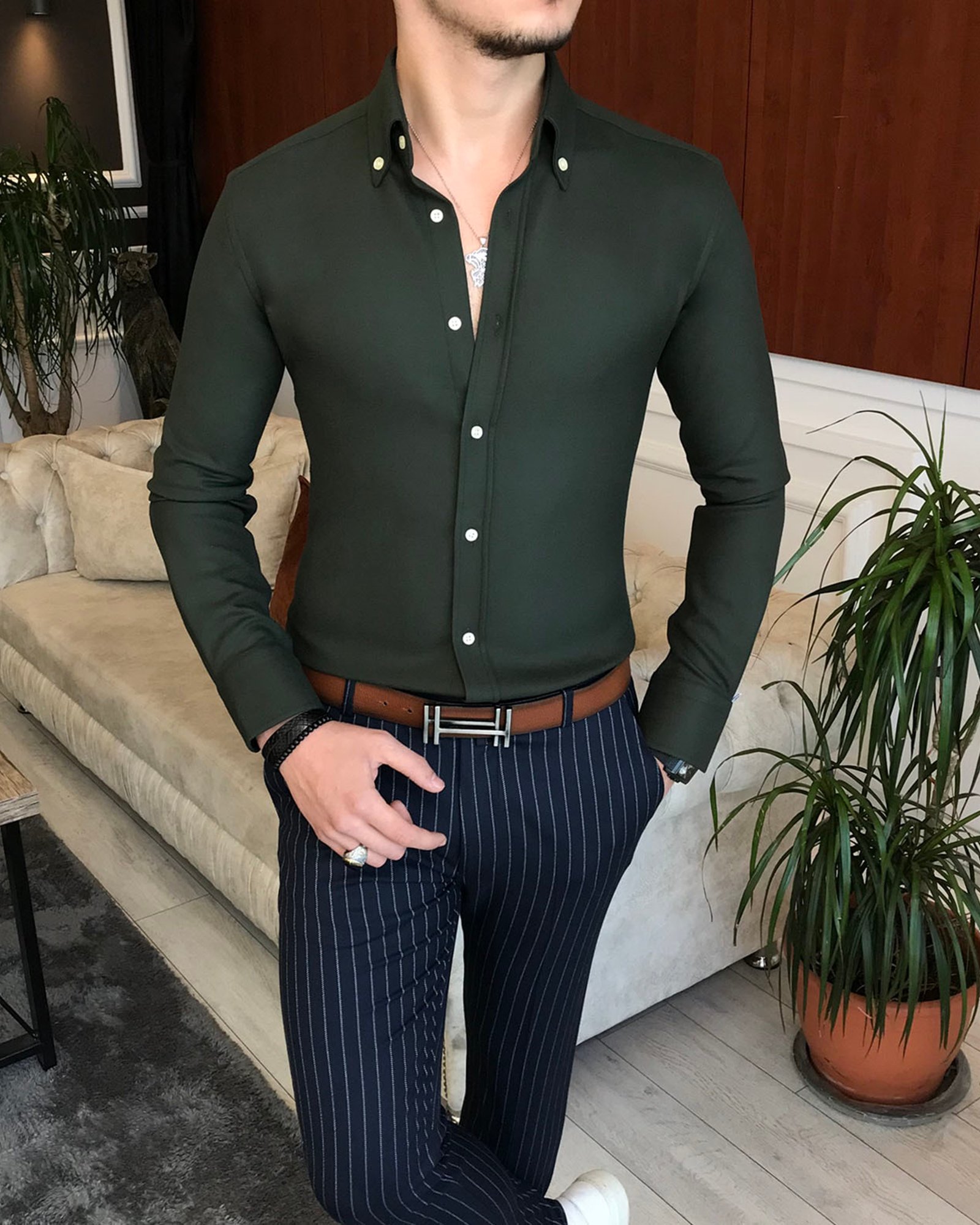 italyan stil slim fit erkek kışlık gömlek yeşil T6715