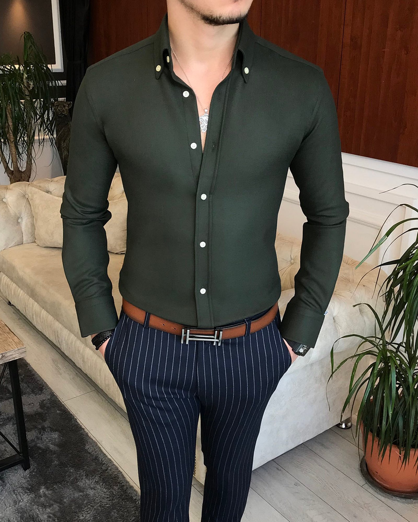 italyan stil slim fit erkek kışlık gömlek yeşil T6715