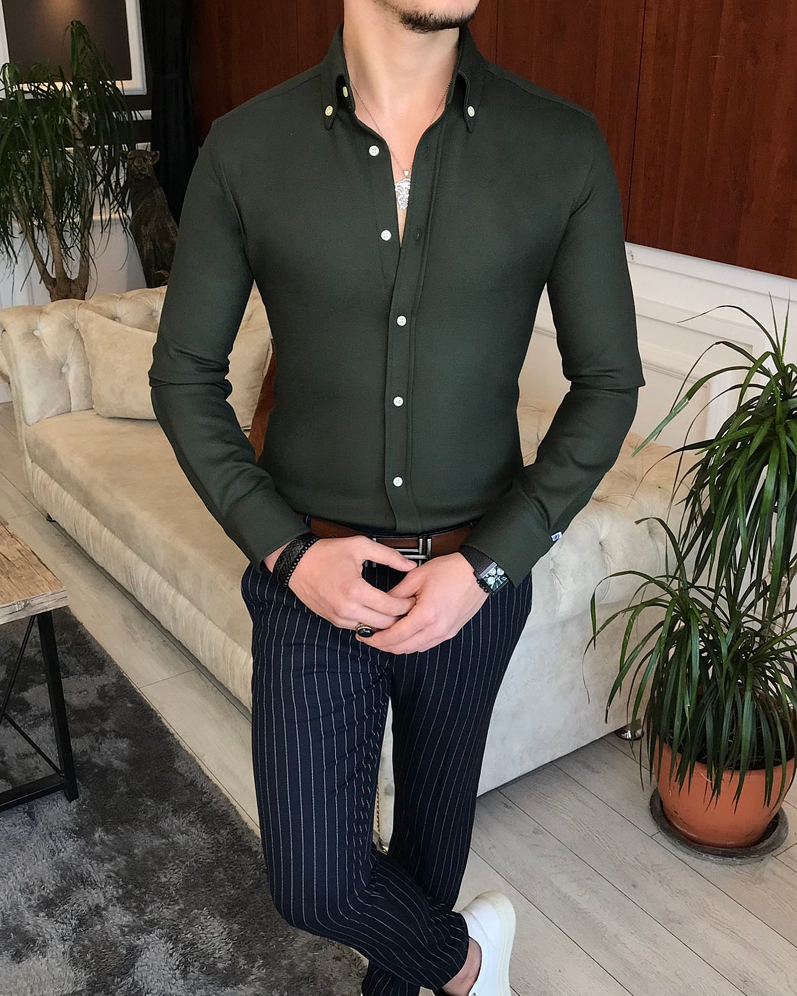 italyan stil slim fit erkek kışlık gömlek yeşil T6715